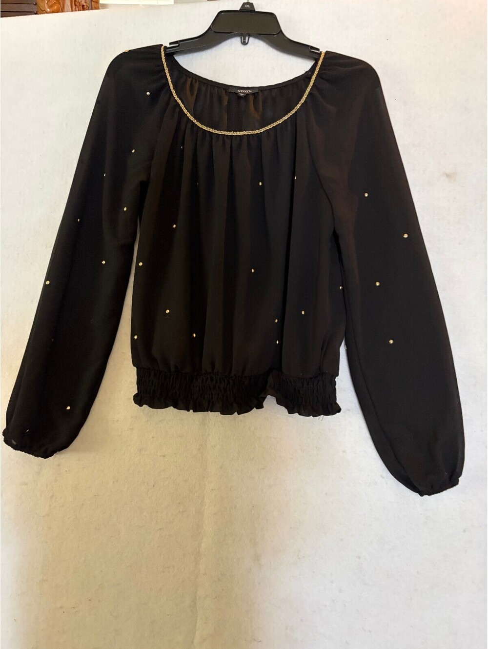 XOXO Women's Black Long Sleeve Blouse with Gold Accents Medium